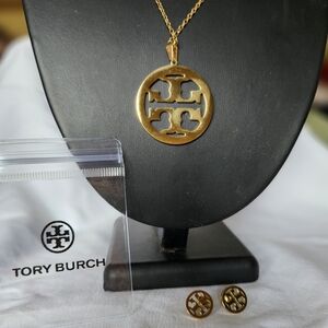 Tory Burch Gold Logo Pendant    18" Necklace with Matching Stud Earrings
